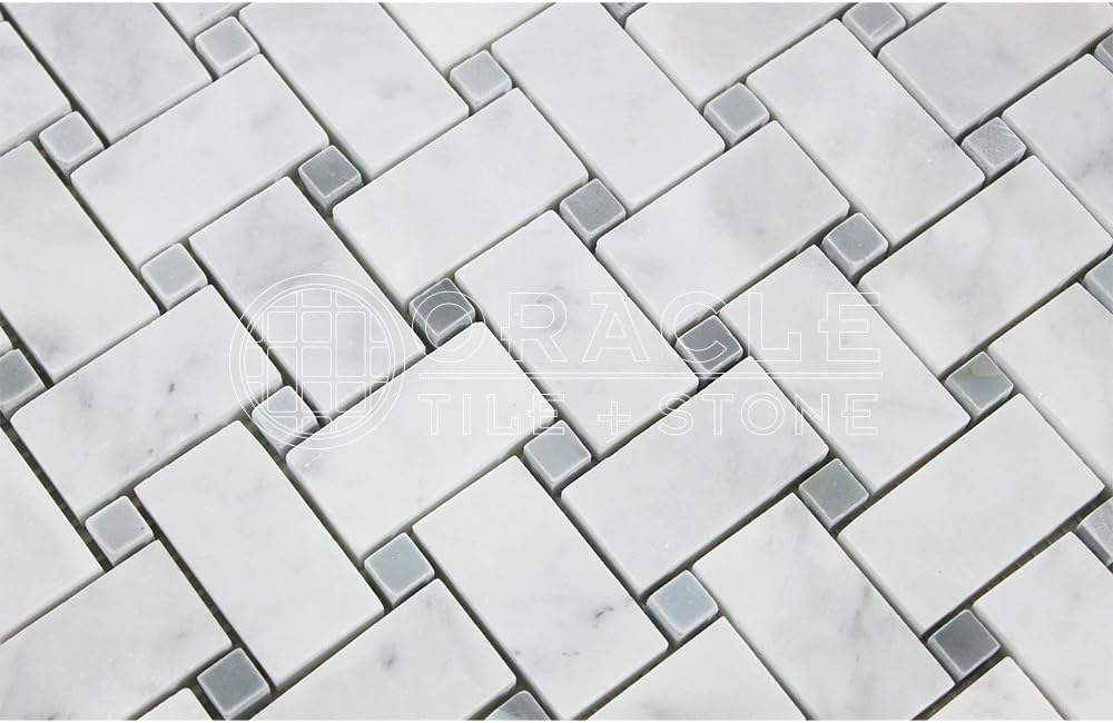 Carrara White Italian (Bianco Carrara) Marble Basketweave Mosaic Tile with Blue & Gray Marble Dots, Honed