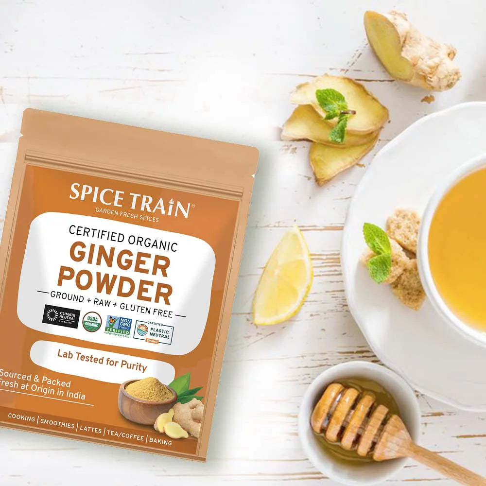 SPICE TRAIN, Organic Ginger Powder (454g/16oz) 100% Raw Ground Ginger Root Powder from India in Resealable Zip Lock Pouch | Active Gingerol, Perfect for Cooking, Baking Gingerbread, Smoothies & Tea