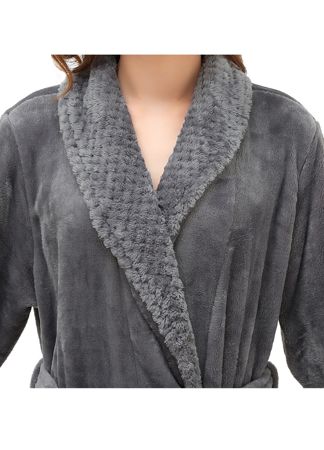 Robes for Women, LOFIR Long Womens Robes, Soft Fluffy Fleece Bath Robe with Front Pocket, Winter Warm Plush Lapel Women's Robes, Adjustable Belt, Grey, L/XL