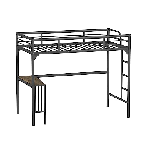 Petfu Loft Bed Twin Size with Desk, Metal Loft Bed Frame with Ladder and Safety Rails, Space-Saving, Noise Free, No Spring Box Needed, Black - 2024 New