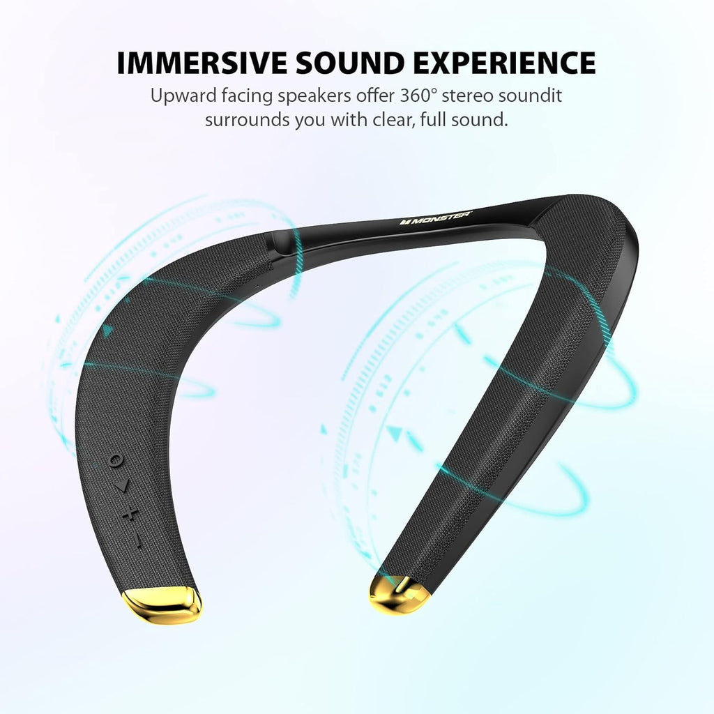 Monster Neckband Bluetooth Speakers, Wireless Wearable Speaker Ipx5 Waterproof, Bluetooth 5.0,Qualcomm Chip,True 3D Stereo Sound Around The Neck Speaker, 15H Long Playtime, Black