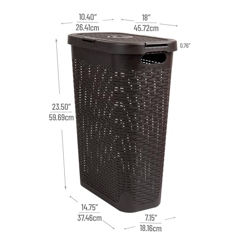 Mind Reader 40L Slim Laundry Hamper, Clothes Basket, Lid, Wicker Design, Plastic, 18"L x 10.4"W x 23.5"H, White