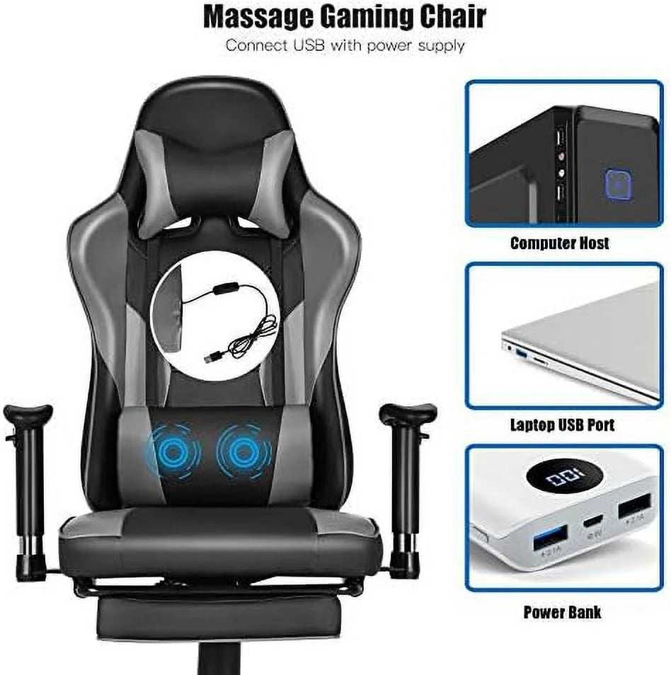 Gaming Chair  High Back Computer Gaming Chair with Adjustable Armrests &amp; Massage Lumbar Support  Swivel Ergonomic Reclining Office Chair (Black)