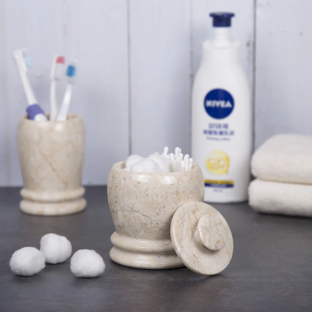 Creative Home Natural Champagne Marble Cotton Ball Swab Holder, Q-Tip Holder, Bathroom Storage Jar Container Organizer