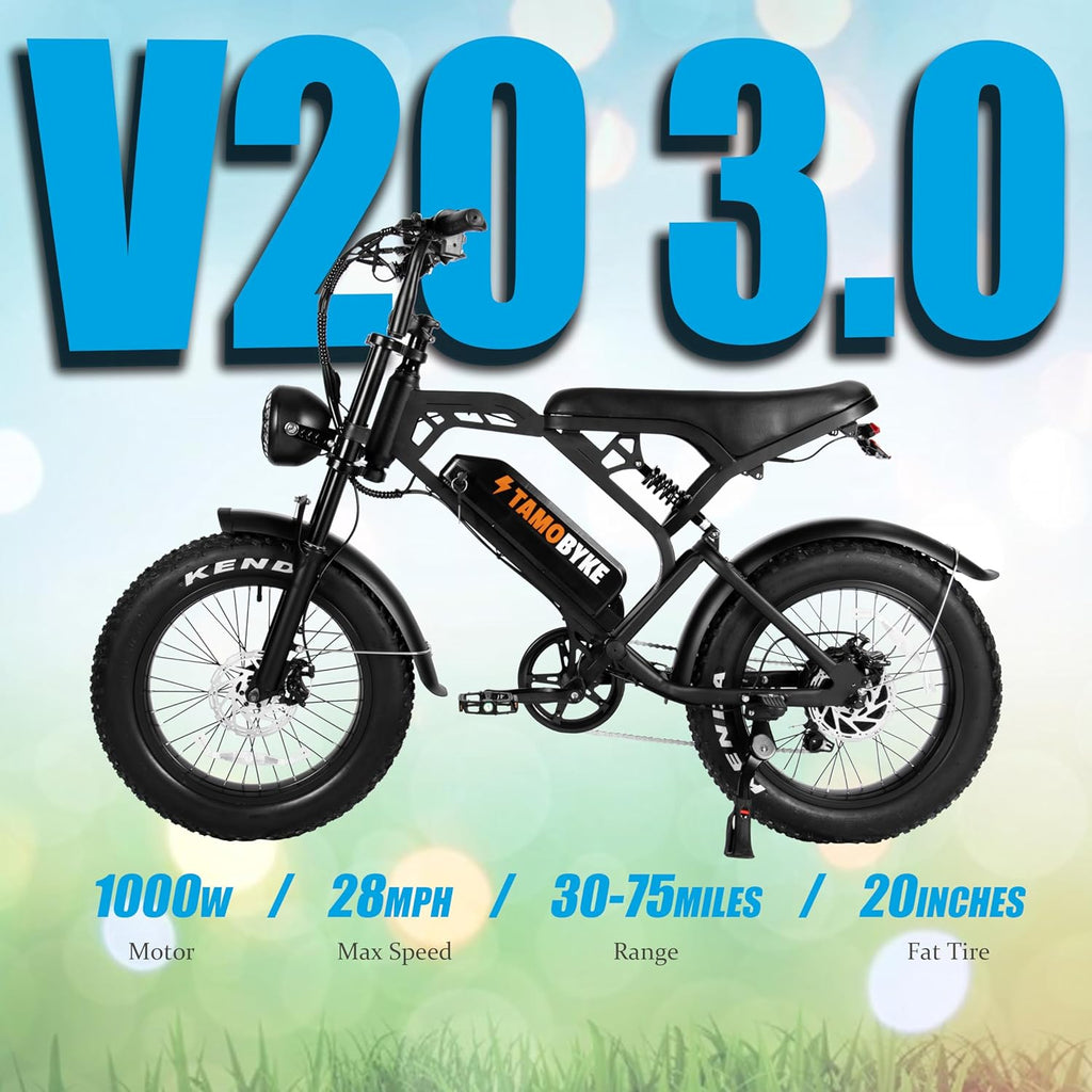 V20 3.0 Electric Bike Powerful 1000W Motor, 20'' Fat Tire Ebikes, 48V 15.6AH Battery, 28MPH Speed, Double Suspension & Disc Brakes