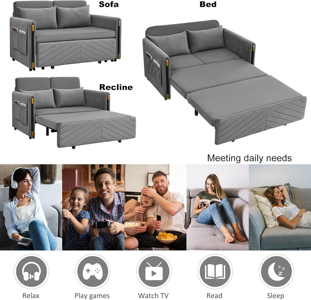 54" Velvet Loveseat, Modern Convertible Sofa Detachable Arm Pockets, Comfortable Couch with Pull Out Bed and 2 Pillows for Living Room Apartment Office, Gray