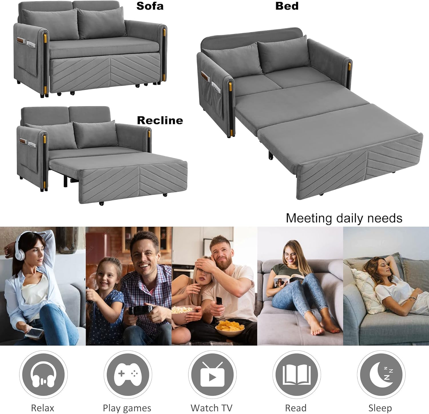 54" Velvet Loveseat, Modern Convertible Sofa Detachable Arm Pockets, Comfortable Couch with Pull Out Bed and 2 Pillows for Living Room Apartment Office, Gray