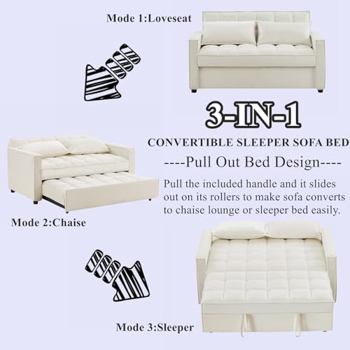 Convertible Sofa Bed, 3 in 1 Velvet Sleeper Loveseat with Pull Out Bed, Adjustable Backrest, 2 Pillows and 2 Foldable Side Table, Futon Loveseat Couches for Living Room, No.2-Black