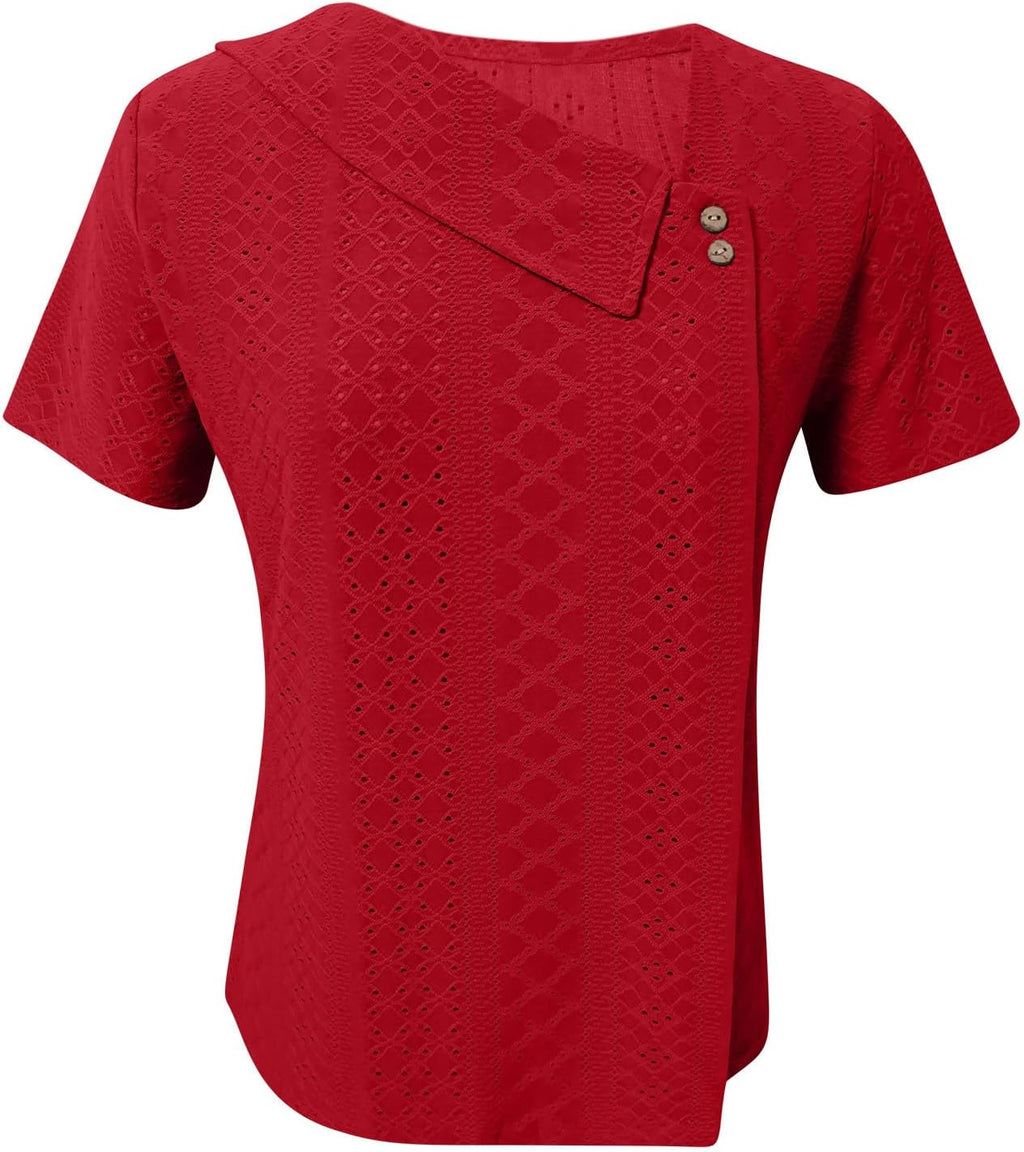 Short Sleeve Shirts for Women V Neck Womens Summer Tops 2024 Button V Neck T Shirts Trendy Casual Short Sleeve Tunic Tops Eyelet T-Shirts Tunics Pallet Sales Amazon