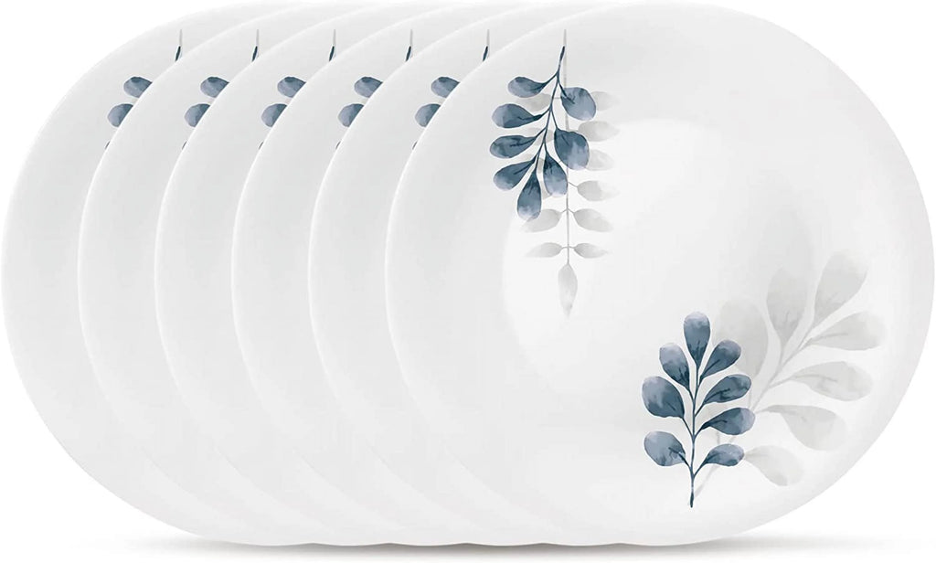 Bormioli Rocco White Moon Botanica Blue, Set Of 6, 10.75" Dinner Plates, Tempered Opal Glass Dishes, Dishwasher & Microwave Safe, Made In Spain.