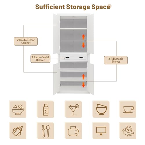 72" Kitchen Pantry Storage Cabinet Kitchen Cupboard with 4 Doors (2Doors with Racks),1 Drawer, 2 Adjustable Shelves Wood White Storage Cabinet for Dining Room Living Room Bathroom