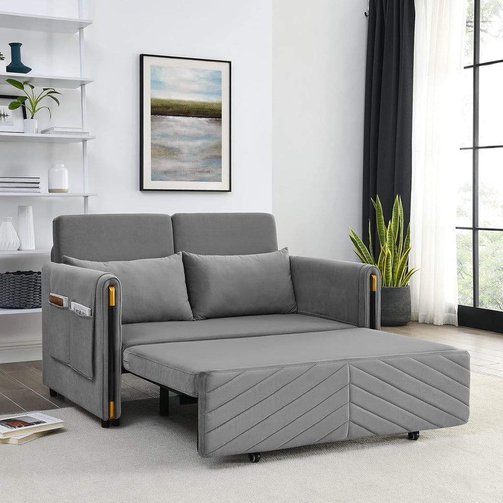 54" Velvet Loveseat, Modern Convertible Sofa Detachable Arm Pockets, Comfortable Couch with Pull Out Bed and 2 Pillows for Living Room Apartment Office, Gray