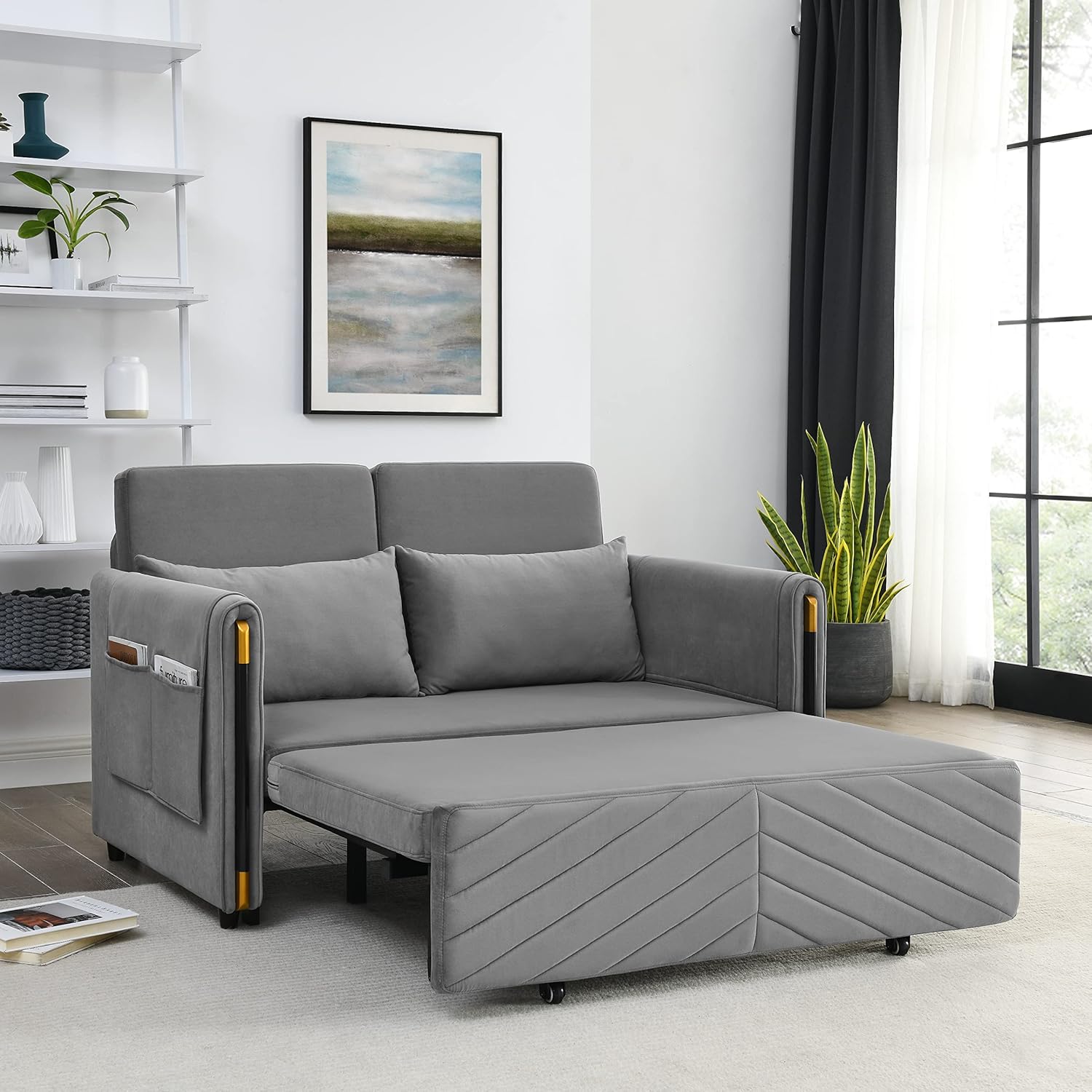 54" Velvet Loveseat, Modern Convertible Sofa Detachable Arm Pockets, Comfortable Couch with Pull Out Bed and 2 Pillows for Living Room Apartment Office, Gray