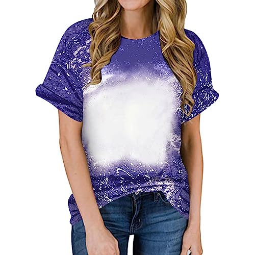T Shirts for Women Plus Size Bleached Blank Print Tops Summer Fashion Loose Comfy Blouse Round Neck Tees T-Shirt