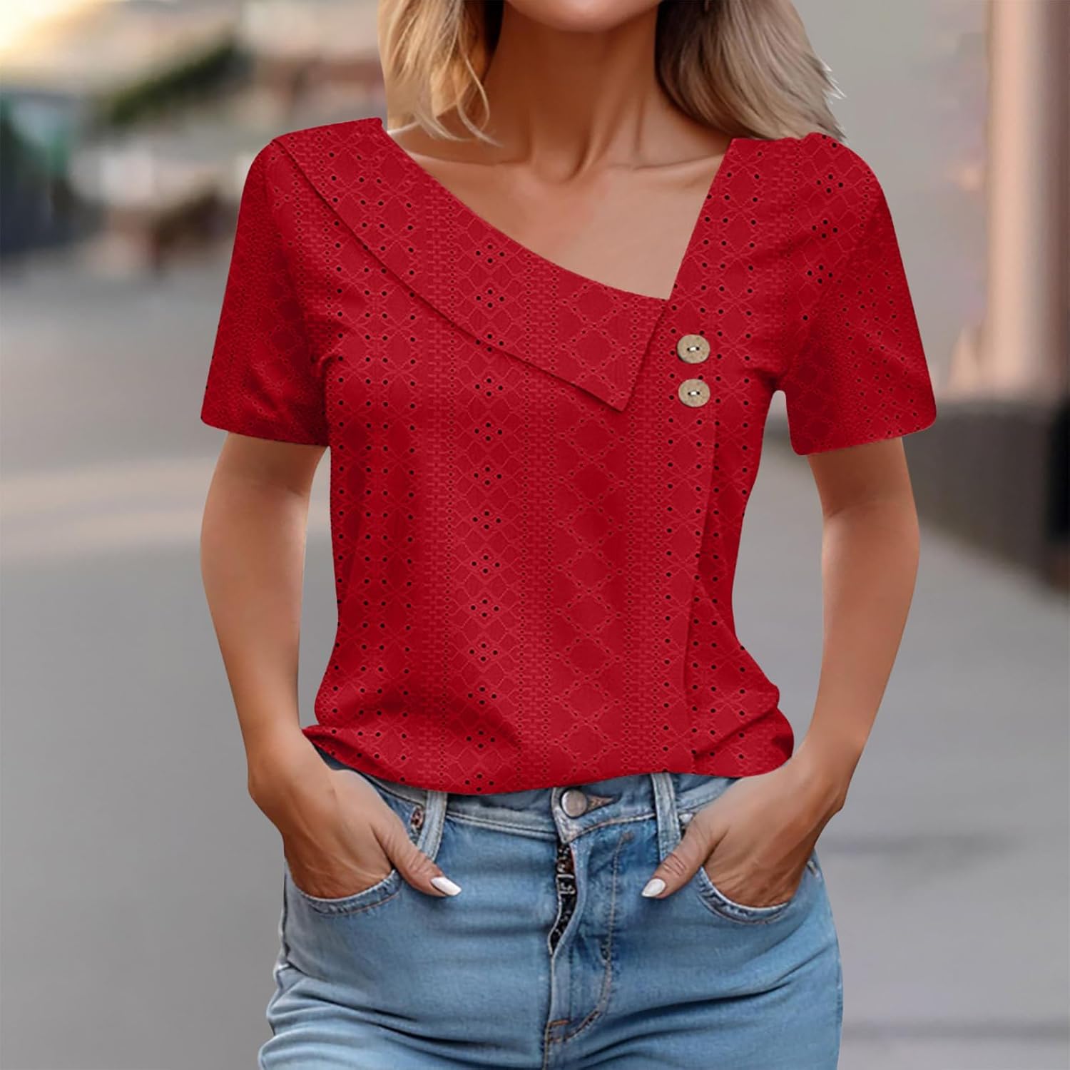 Short Sleeve Shirts for Women V Neck Womens Summer Tops 2024 Button V Neck T Shirts Trendy Casual Short Sleeve Tunic Tops Eyelet T-Shirts Tunics Pallet Sales Amazon