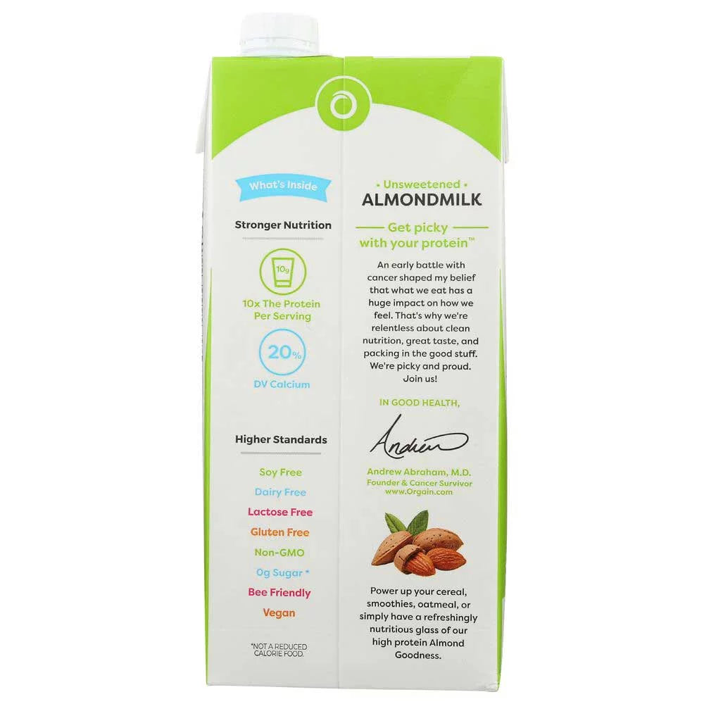 Orgain Organic Protein Unsweetened Vanilla Protein Almond Milk, 32 Fluid Ounce -- 6 per case.