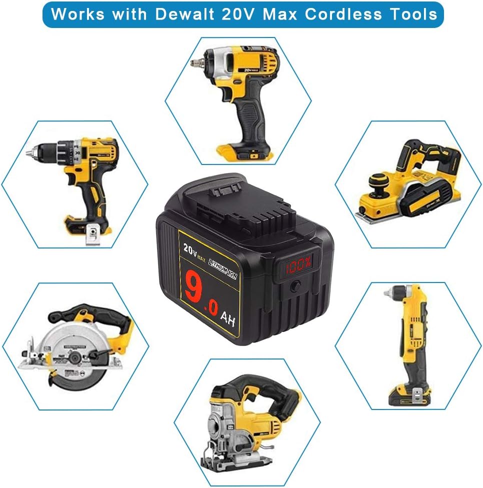 TENMOER 20V 9.0Ah Premium Battery Compatible with Dewalt 20V DCF/DCD/DCL Series Cordless Tools with Digital Indicator Pack of 2