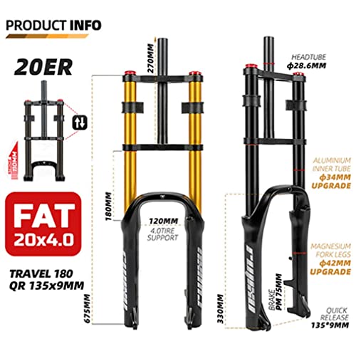 QHIYRZE Fat Bike Fork 20 Inch Bike Suspension Fork Travel 110mm Air Fork 28.6mm Straight Double Shoulder Front Fork Rebound Adjustable for 4.0" Tire Snow Beach E-Bike
