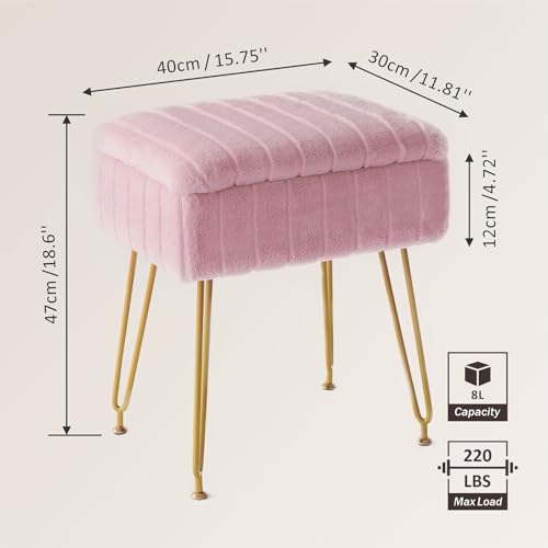 Vanity Stool Chair with Hidden Storage, Faux Fur Makeup Chair with Gold Metal Legs, Perfect for Makeup & Small Spaces, Soft, Comfy Ottoman for Bedroom, Vanity or Desk (Pink)