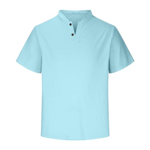 Mens T-Shirts Cotton Linen Casual Short Sleeve Man Relaxed Fit Henley Shirts Button Down Tops Summer Athletic Clothing