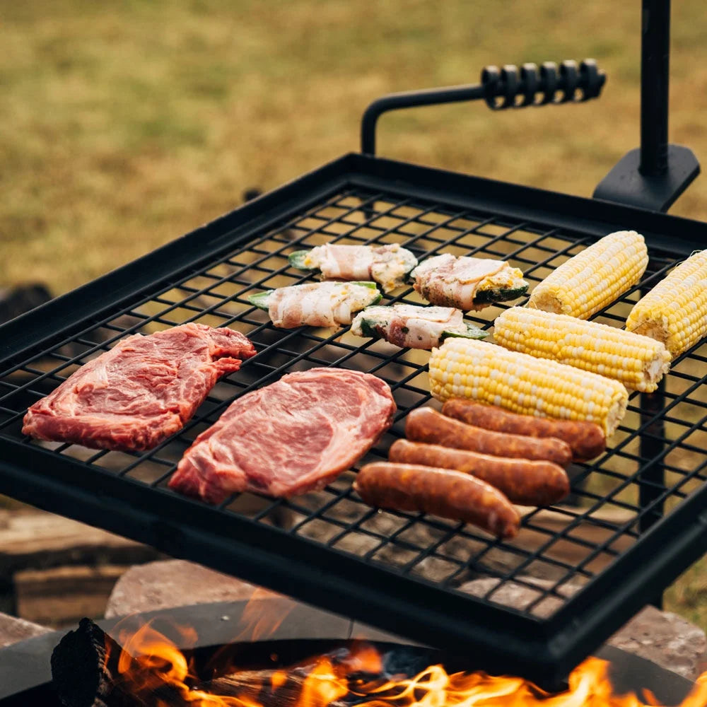 Ash & Ember Adjustable Swivel Grill, Steel Mesh Wire Cooking Grate with Spike Pole, Open Fire Portable BBQ Camping Gear