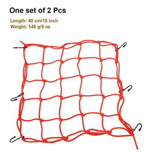 2 Pcs Motorcycle Cargo Net 15 inch Heavy-Duty Elastic Storage Luggage Cargo Net 5 x 5 Mesh Holder 6 Adjustable Hooks for Bike Backet Cover