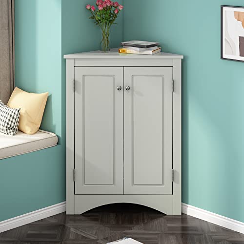 Corner Cabinet with Doors, Corner Bathroom Storage Cabinet with 2 Adjustable Shelves, Bathroom Floor Corner Cabinet for Kitchen, Bathroom, Living Room (White)