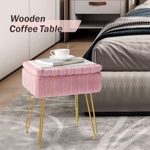Vanity Stool Chair with Hidden Storage, Faux Fur Makeup Chair with Gold Metal Legs, Perfect for Makeup & Small Spaces, Soft, Comfy Ottoman for Bedroom, Vanity or Desk (Pink)
