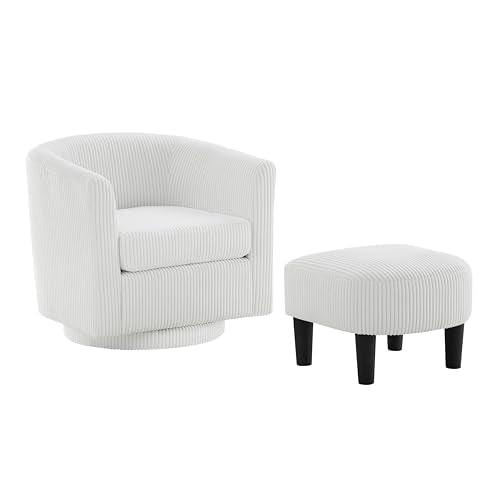 Modern Barrel Swivel Chair, 360 Degree Swivel Accent Chair with Ottoman, Corduroy Fabric Armchair, Upholstered Tufted Round Accent One-Seater Sofa for Bedroom