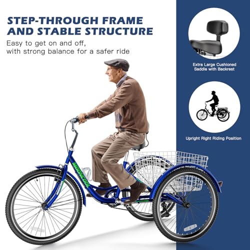 Adult Tricycle 7 Speed 3 Wheel Bike Adult Trikes, Three-Wheeled Bicycles Cruise Trike with Basket for Seniors, Women, Men for Recreation Shopping