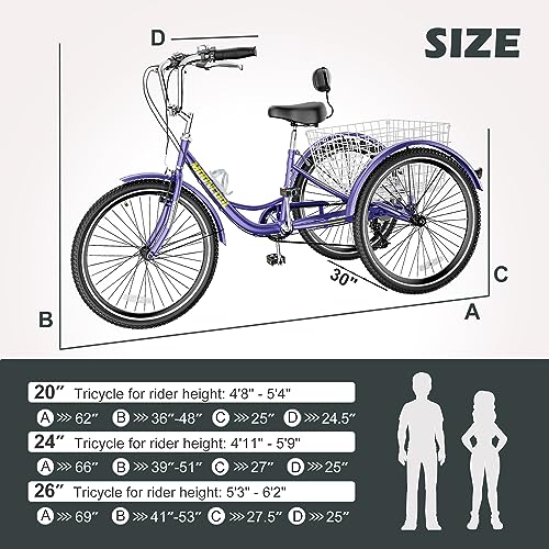 ABORON Adults Tricycles, 20/24/26IN Trike Bike with Parking Brake Handle, 7 Speed Rear Derailleur, Double-Wall Wheel Rims, for Shopping Picnics Exercise Outdoor Sports Men Women