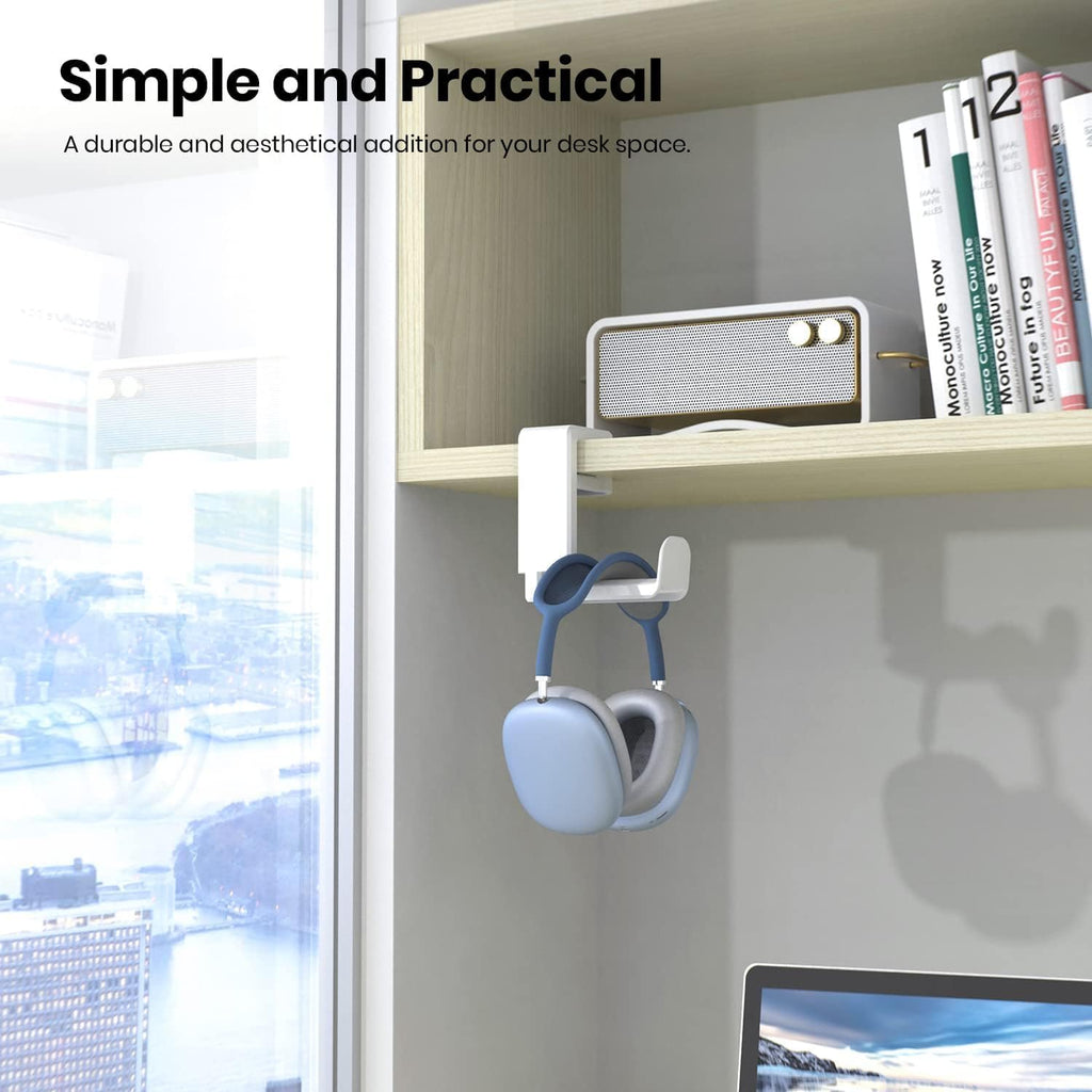 Rotating Headphone Stand - EURPMASK PC Gaming Headset Stand, Adjustable Clamp-on Headphone Holder, Headphone Hanger Hook Under Desk with 360 Degree Swivel&Cable Clip Organizer - White+White