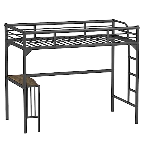 Petfu Loft Bed Twin Size with Desk, Metal Loft Bed Frame with Ladder and Safety Rails, Space-Saving, Noise Free, No Spring Box Needed, Black - 2024 New