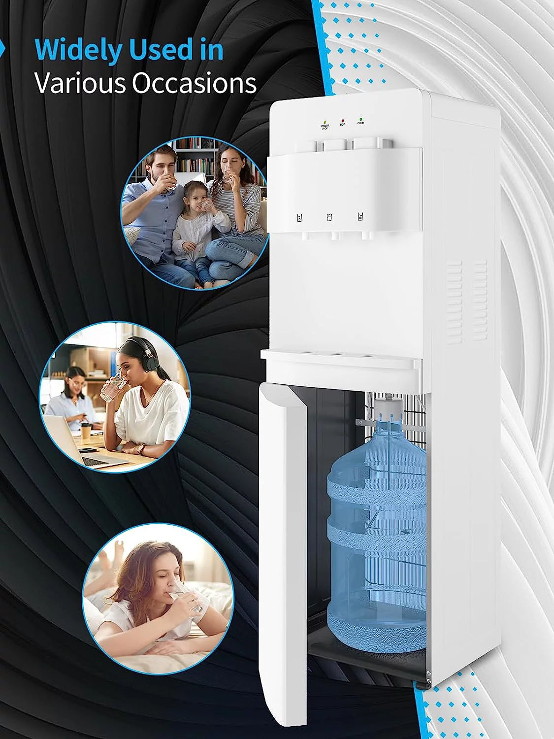 Muhub Cold & Hot Water Cooler Dispenser, White Bottom Loading Water Cooler Dispenser, Holds 3 or 5 Gallon Bottle, Anti-Scalding Design and Storage Cabinet, Child Safety Lock for Home, Office Use