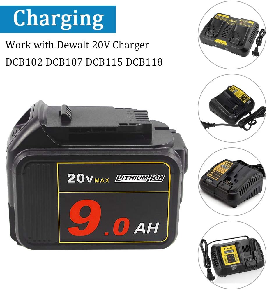 TENMOER 20V 9.0Ah Premium Battery Compatible with Dewalt 20V DCF/DCD/DCL Series Cordless Tools with Digital Indicator Pack of 2