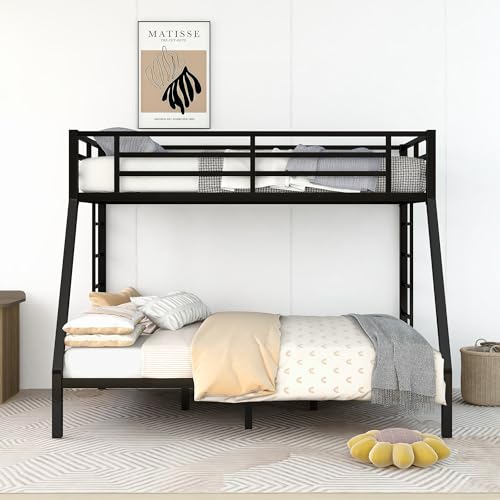 Bunk Bed Twin XL over Queen with 2 Ladder & Safety Railing, Metal Bunk Bed Frame for Kids/Adults Bedroom, Strong Slats Support, Under Bed Storage, Space Saving, Noise Free, No Box Spring Needed, Black