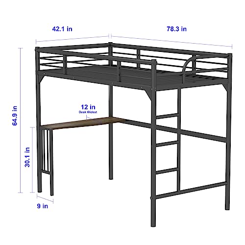 Petfu Loft Bed Twin Size with Desk, Metal Loft Bed Frame with Ladder and Safety Rails, Space-Saving, Noise Free, No Spring Box Needed, Black - 2024 New