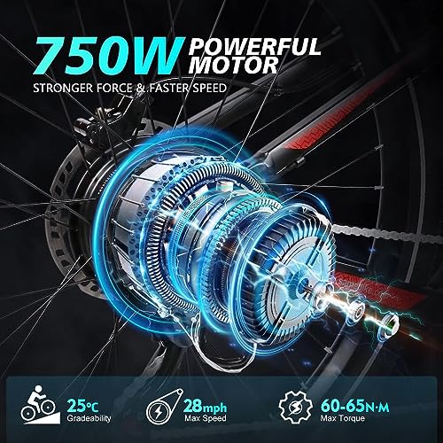 SAMEBIKE Electric Bike 750W 28MPH Electric Mountain Bike Full Suspension, 26 inch Ebike for Adults with 48V 14Ah Battery, 7 Speed Electric Bicycle with LCD Color Display