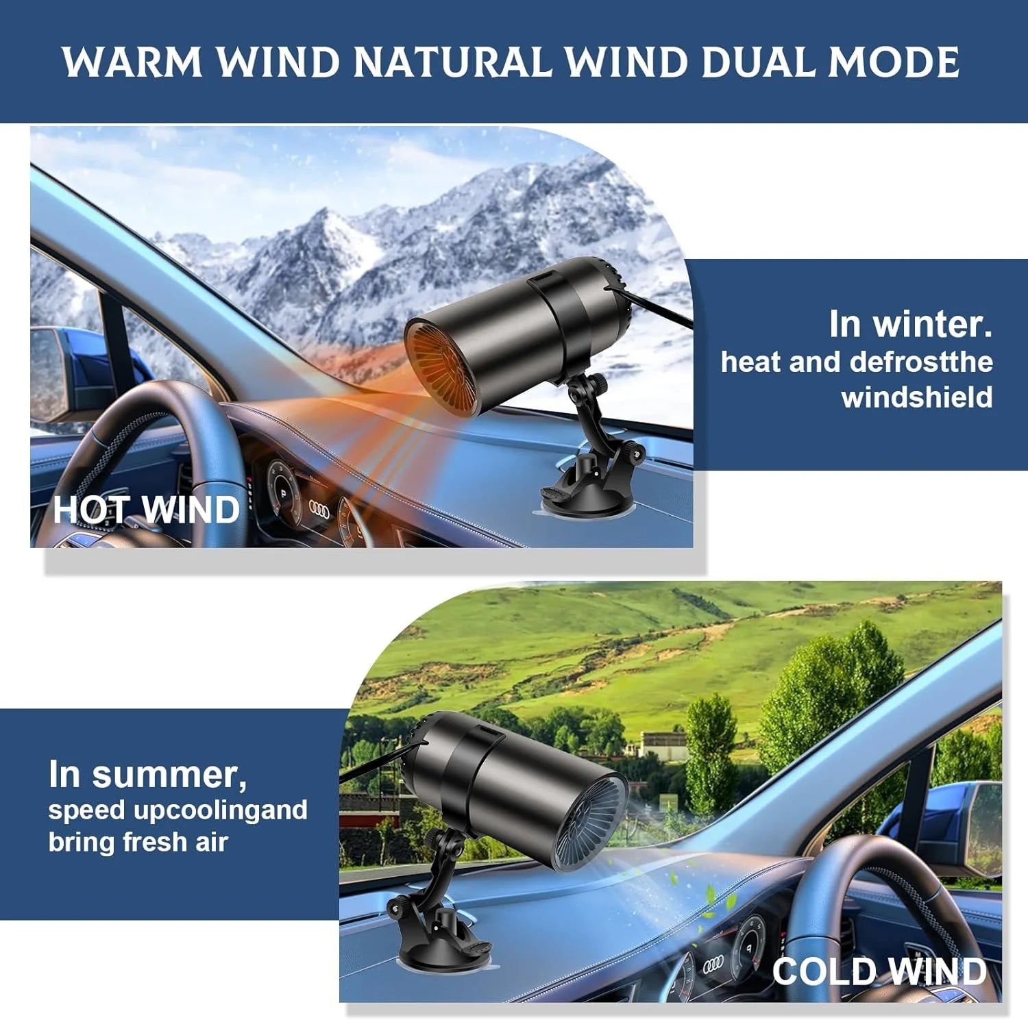 THONZER Portable Car Heater and Defroster, Car Heater That Plugs into Cigarette Lighter, 2 in 1 Fast Heating or Cooling Fan, Portable Heater for Car with 360-Degree SuctionBracket