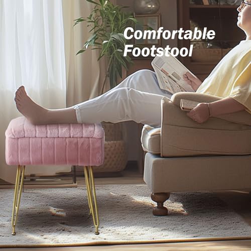Vanity Stool Chair with Hidden Storage, Faux Fur Makeup Chair with Gold Metal Legs, Perfect for Makeup & Small Spaces, Soft, Comfy Ottoman for Bedroom, Vanity or Desk (Pink)
