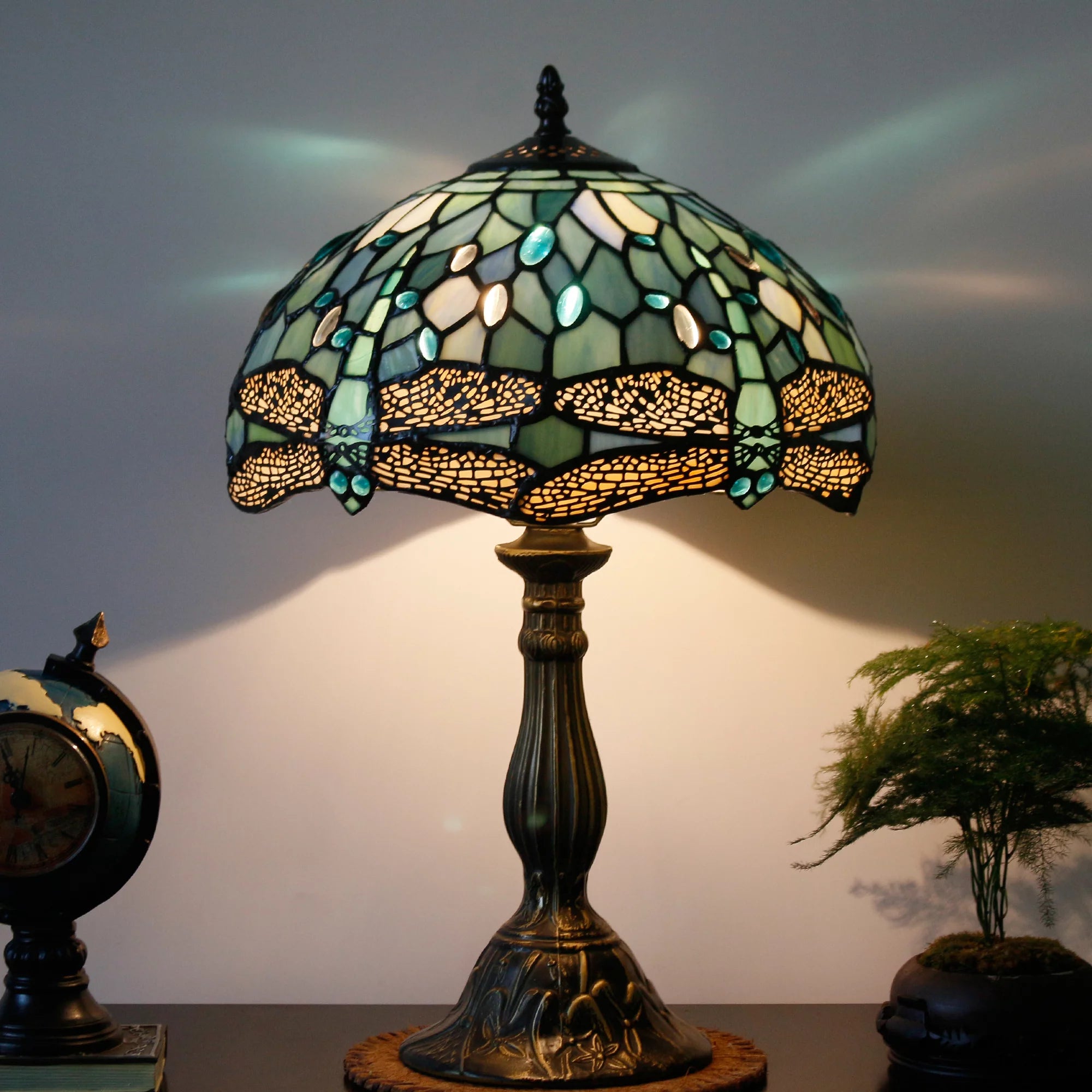 Tiffany Lamp Table Lamp Sea Blue Stained Glass Dragonfly Style Luxurious Boho Banker Memory Lamp Sympathy Nightstand Reading Desk Light 18" Tall Bedside Bedroom Living Room Farmhouse Hotel