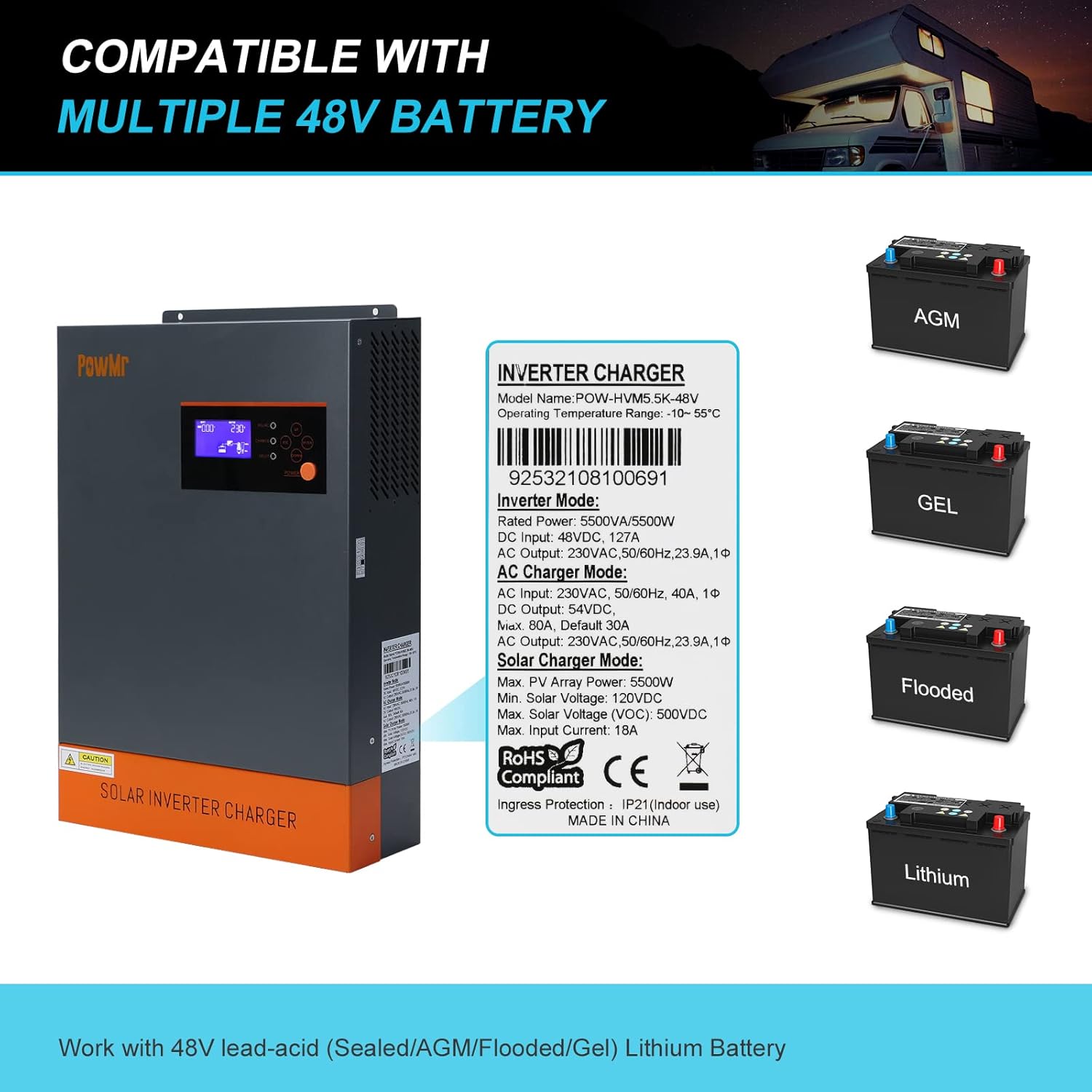 PowMr 5500w Solar Hybrid Inverter with 80A MPPT Charge Controller 48V DC to 220/230V AC, Off-Grid Pure Sine Wave Inverter Support Running Without Battery