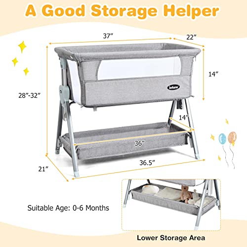 INFANS Baby Bassinet Bedside Crib, Newborn Sleeper w/Large Storage Basket, Adjustable Heights & Angle, Detachable &Washable Mattress, Breathable Mesh, Straps, Easy Moving Bed Side (Dark Grey)