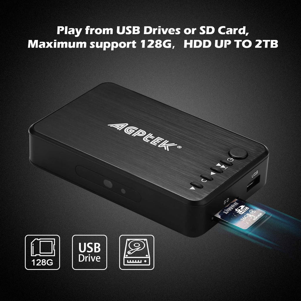 AGPTEK 1080P Media Player Read USB drive/SD card with HD HDMI/AV/VGA Output for RMVB/ MKV /JPEG etc with Remote Control Pack of 2