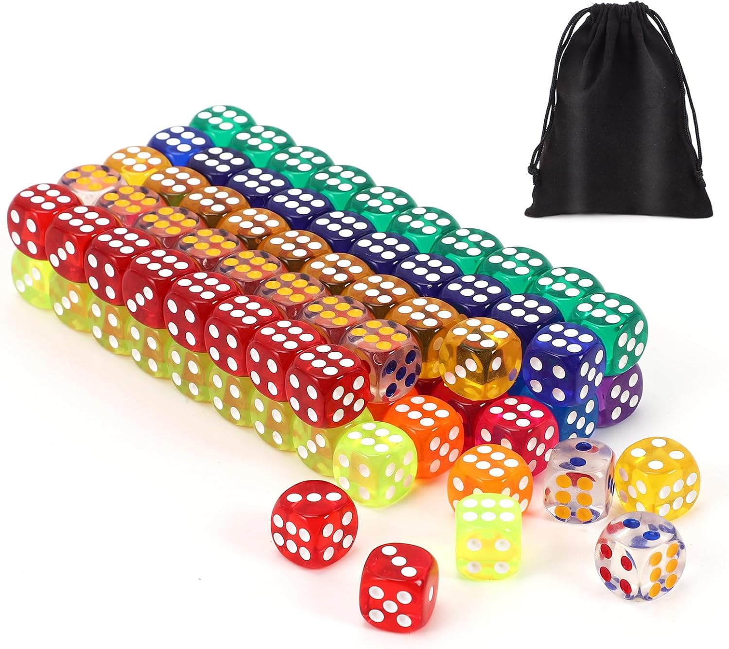 100Pcs Colored Dice Set Standard 16mm Game Dice Bulk with a Black Drawstring Storage Bag, for Math Learning, Dice for Classroom