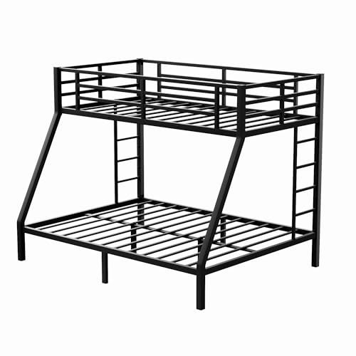 Bunk Bed Twin XL over Queen with 2 Ladder & Safety Railing, Metal Bunk Bed Frame for Kids/Adults Bedroom, Strong Slats Support, Under Bed Storage, Space Saving, Noise Free, No Box Spring Needed, Black