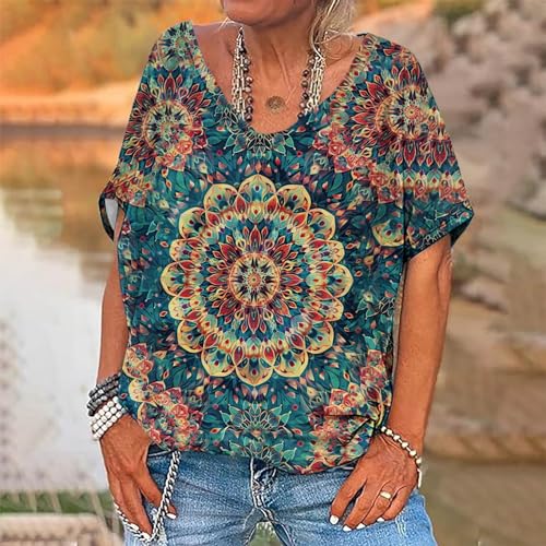 Western Shirts for Women Retro Ethnic Floral Printed Tops V Neck T Shirts Geometric Graphic Tees Dressy Boho Blouses