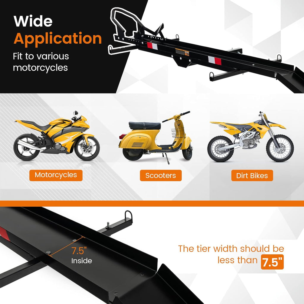 IRONMAX 600LBS Motorcycle Carrier, Heavy Duty Steel Hitch Mount Rack Hauler with Loading Ramp, Wheel Chock & 2 Straps, Anti Tilt Scooter Dirt Bike Carrier for Car Truck SUV RV