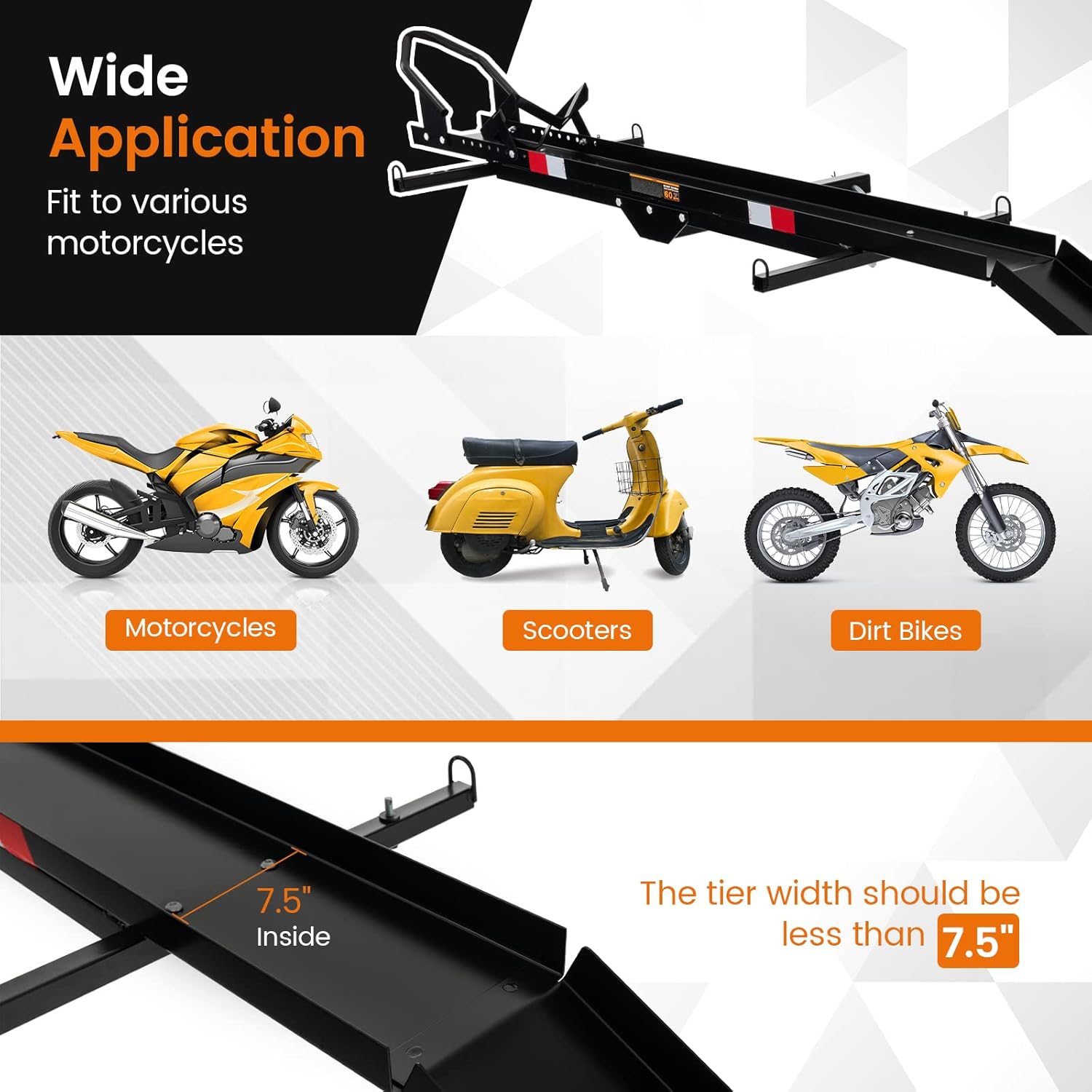 IRONMAX 600LBS Motorcycle Carrier, Heavy Duty Steel Hitch Mount Rack Hauler with Loading Ramp, Wheel Chock & 2 Straps, Anti Tilt Scooter Dirt Bike Carrier for Car Truck SUV RV