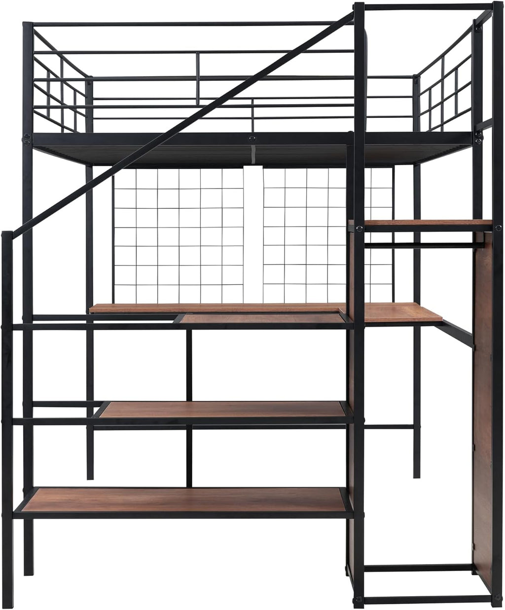 Harper & Bright Designs Metal Full Size Loft Bed with Desk and and Metal Grid, Loft Bed Full with Storage Stairs and Wardrobe,Space Saving Loft Bed with Desk Underneath for Kids Teens, Black